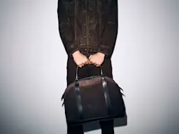 Man wearing a suede jacket and brown jeans with a suede holdall bag