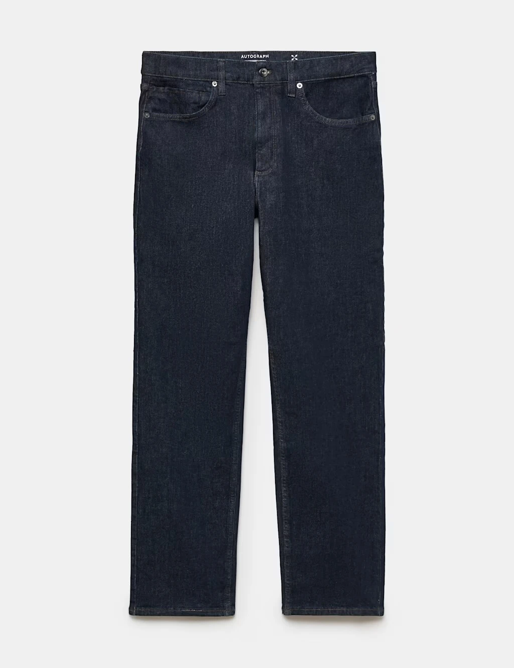 Men's straight leg jeans in a dark wash.