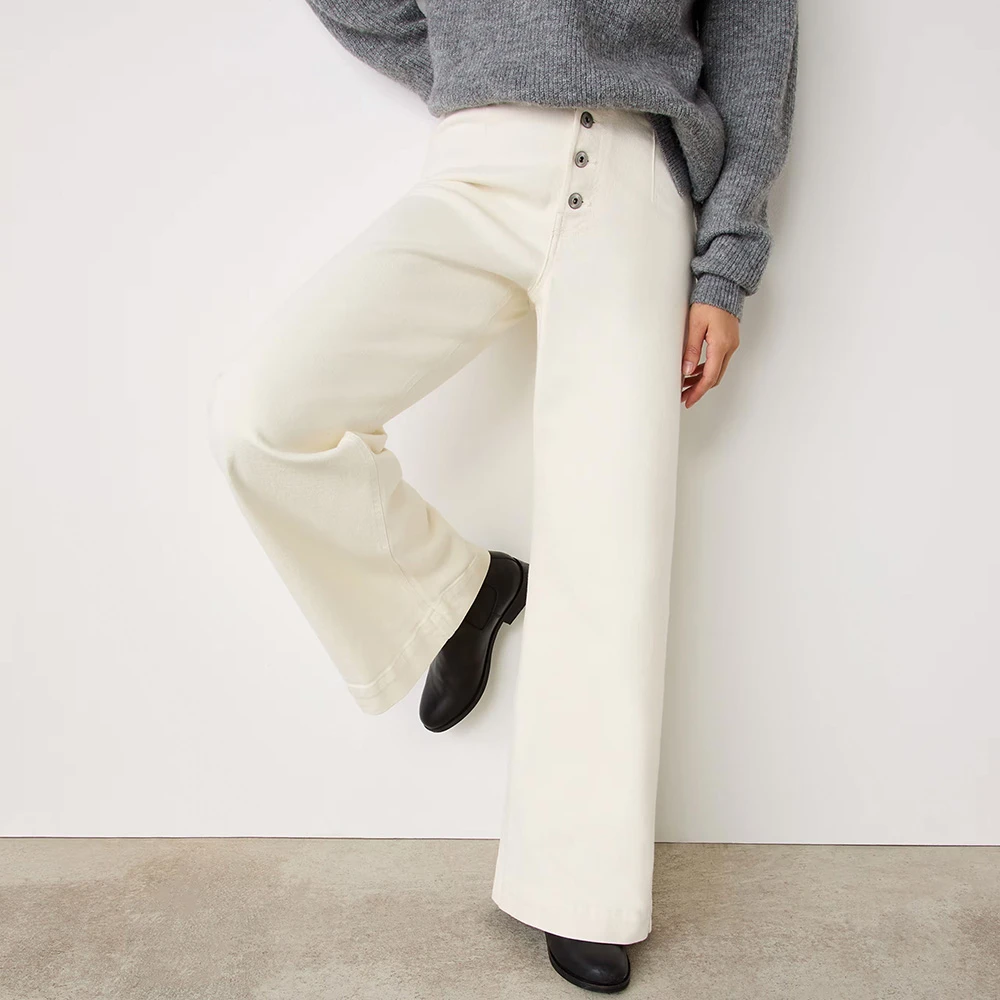 Woman wearing a grey jumper, cream wide-leg jeans and black Chelsea boots