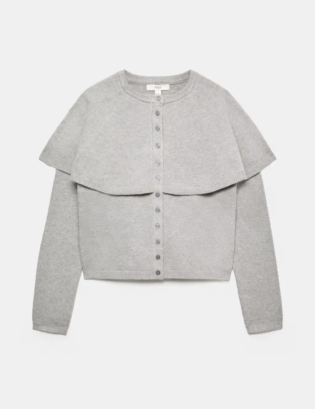Grey cardigan with a cape drape around the neckline.
