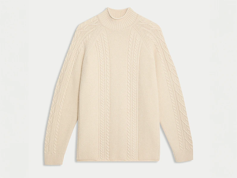 Men's cream cable-knit mock-neck jumper
