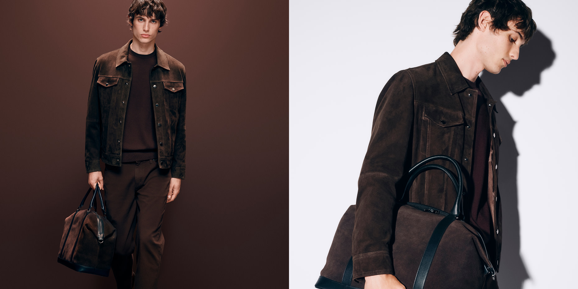 Man wearing a brown suede jacket from Autograph