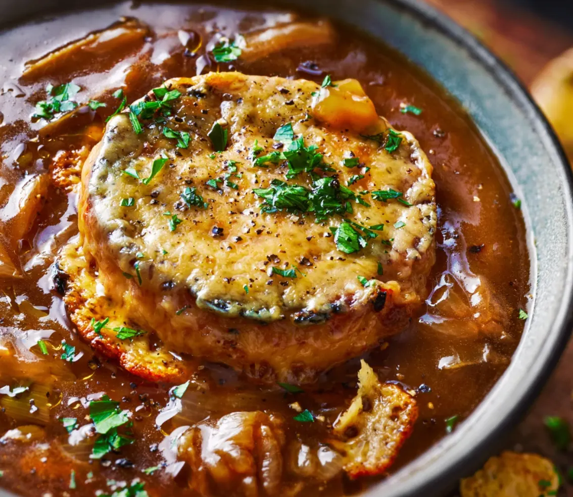 French onion soup with Marmite cheddar croutons