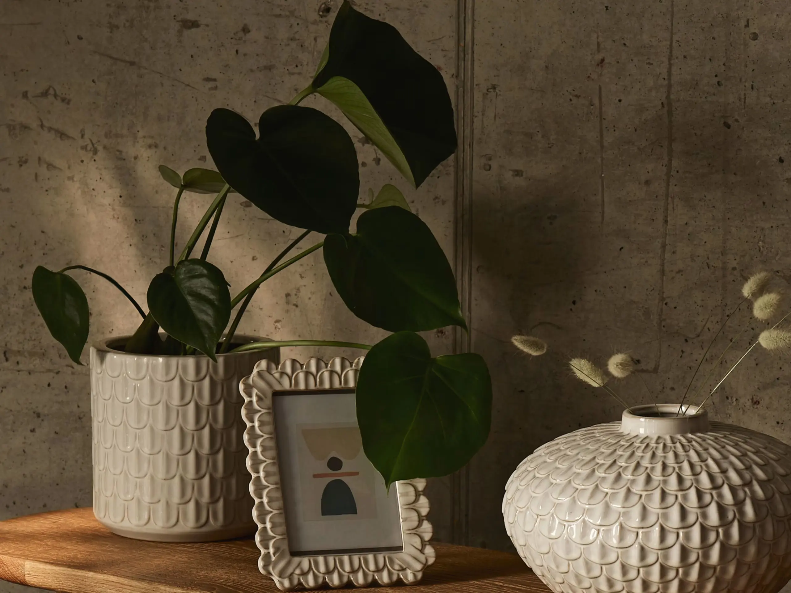 Plant in a plant pot beside a photo frame and vase