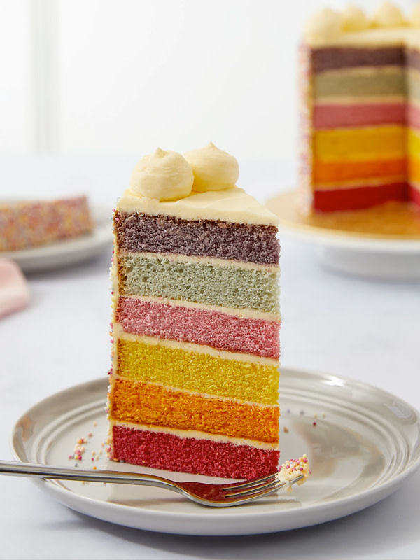 Rainbow layer cake with two balls on the top