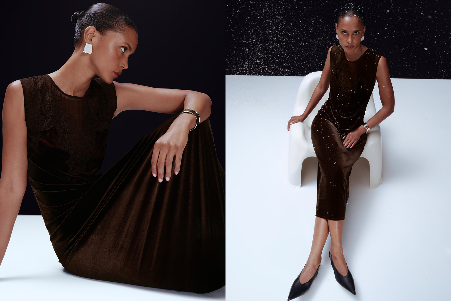 Woman wearing a brown velvet party dress and silver earrings in the snow