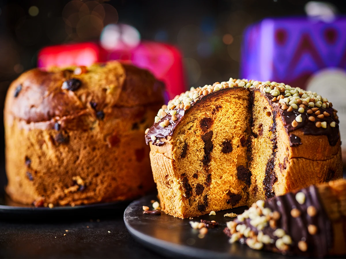 Close up of Panettone with a slice missing