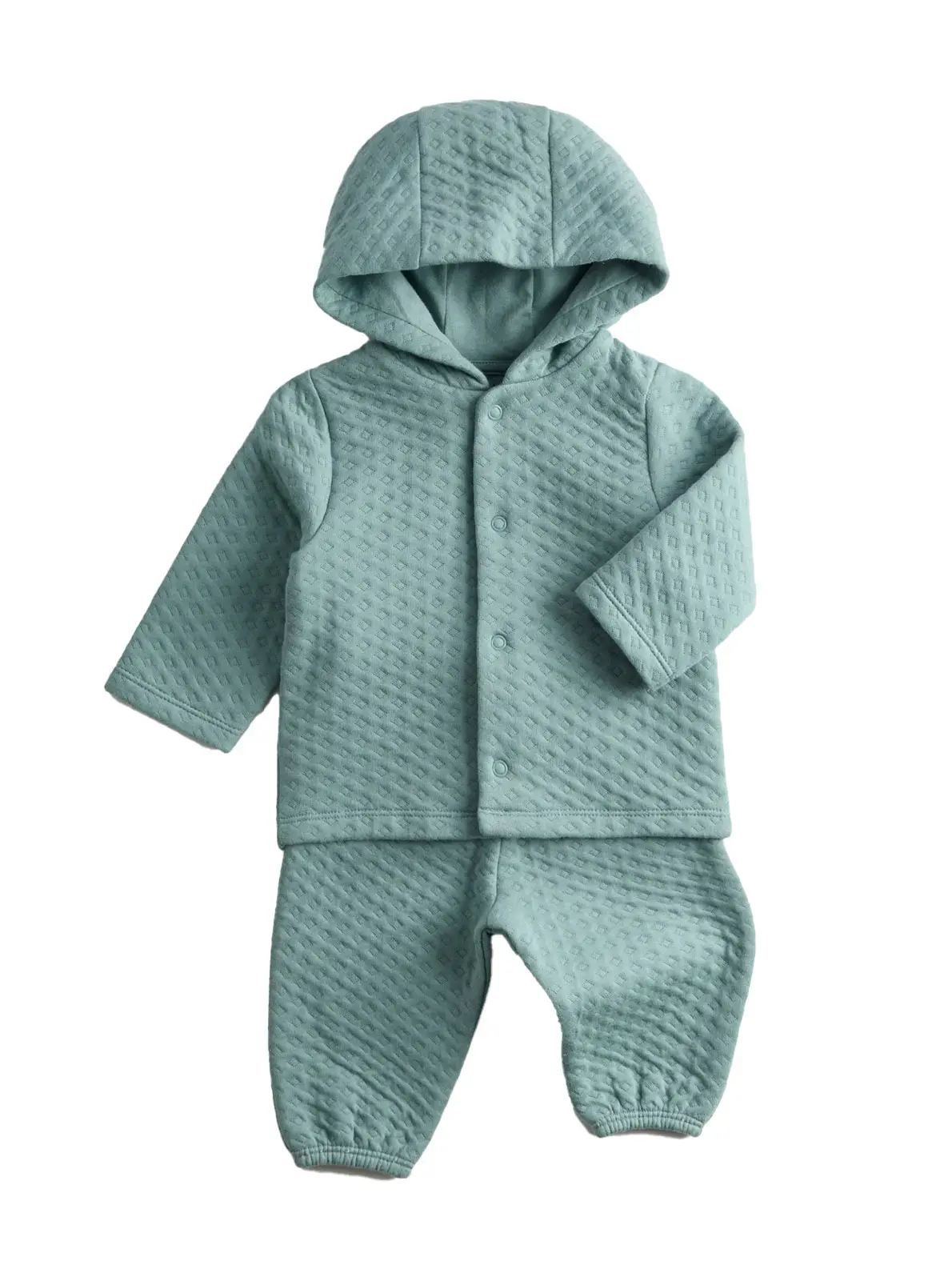 Two piece hooded jacket and trousers in mint green