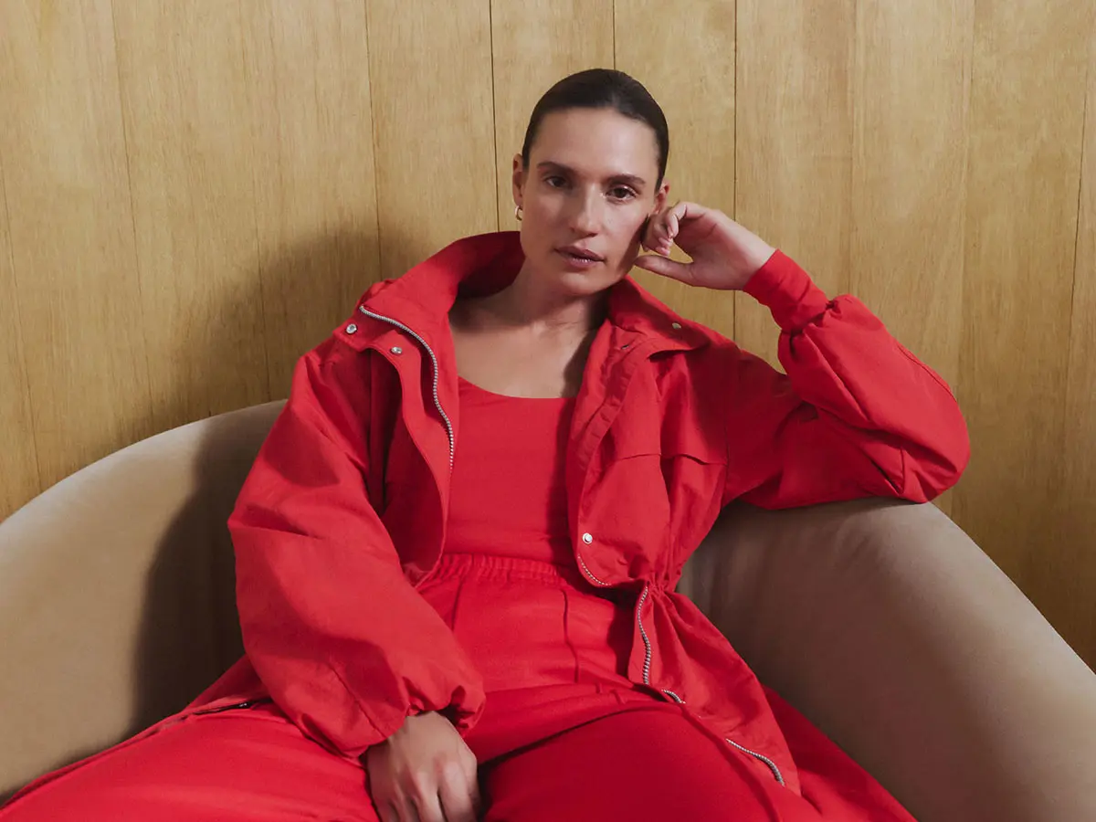 Woman wearing all-red outfit 