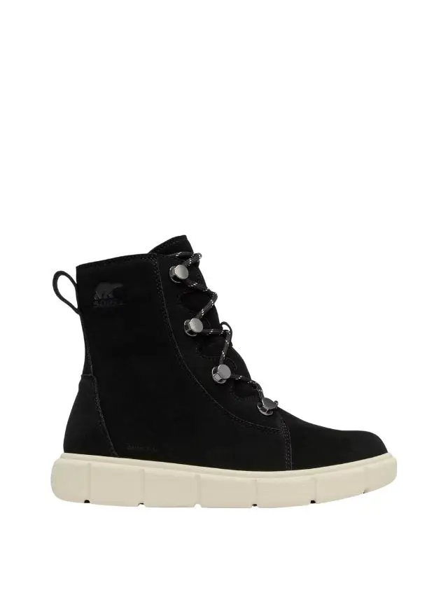 A black Sorrel hiking boot with white sole sold at M&S