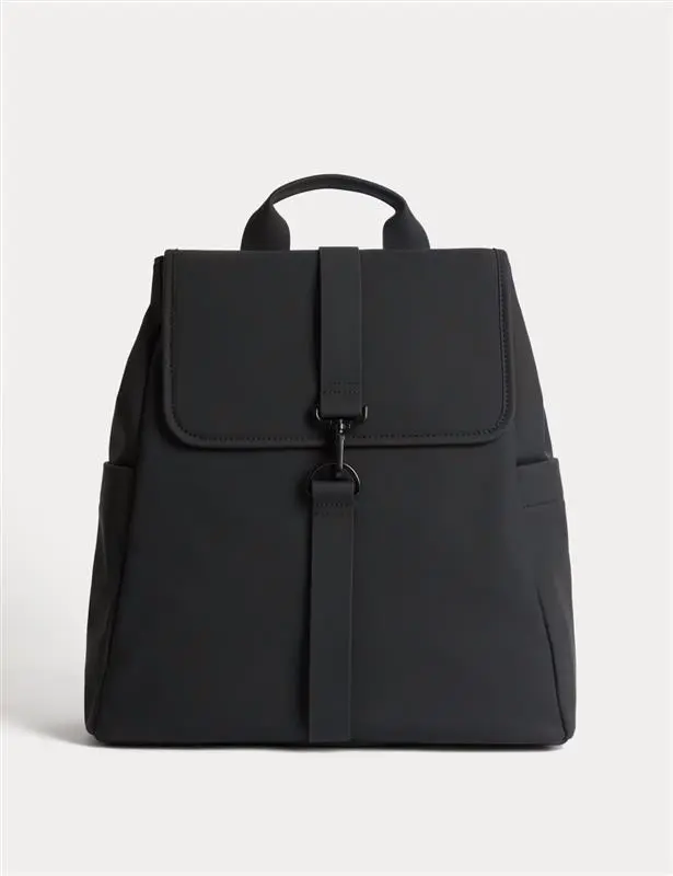 Black backpack with front clasp, side pockets and a top handle.