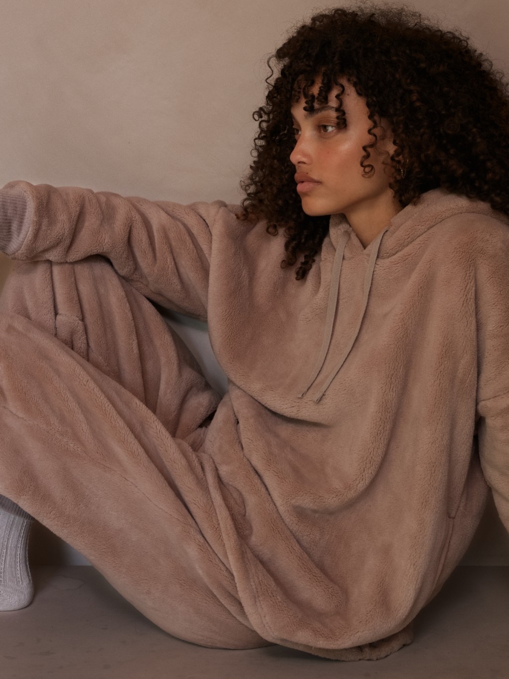 Women wearing beige color loungewear set. Shop now