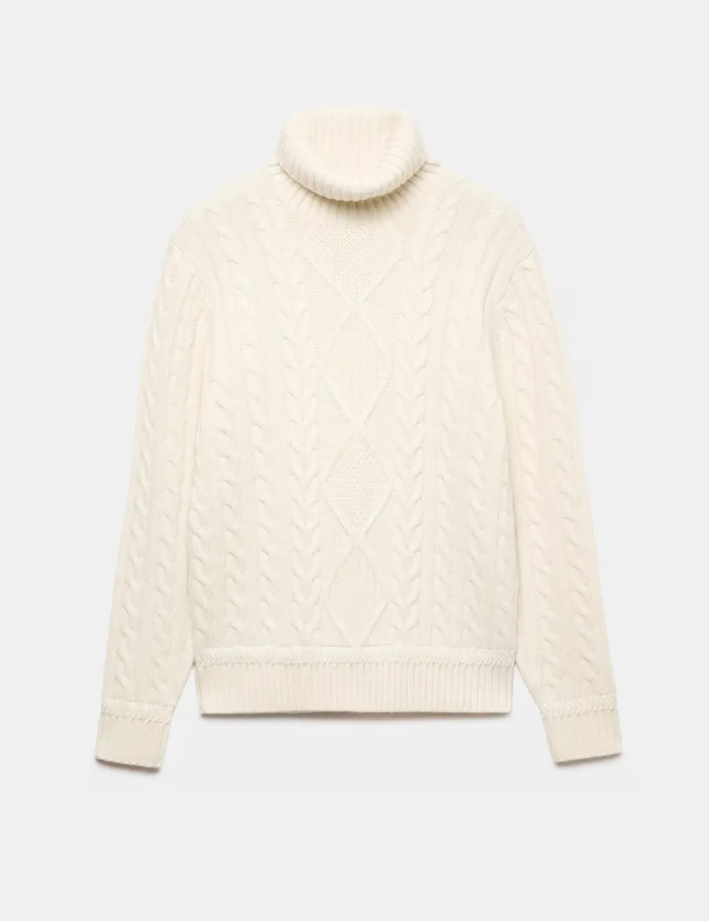 Men's cream polo neck jumper knitted in a cable pattern.