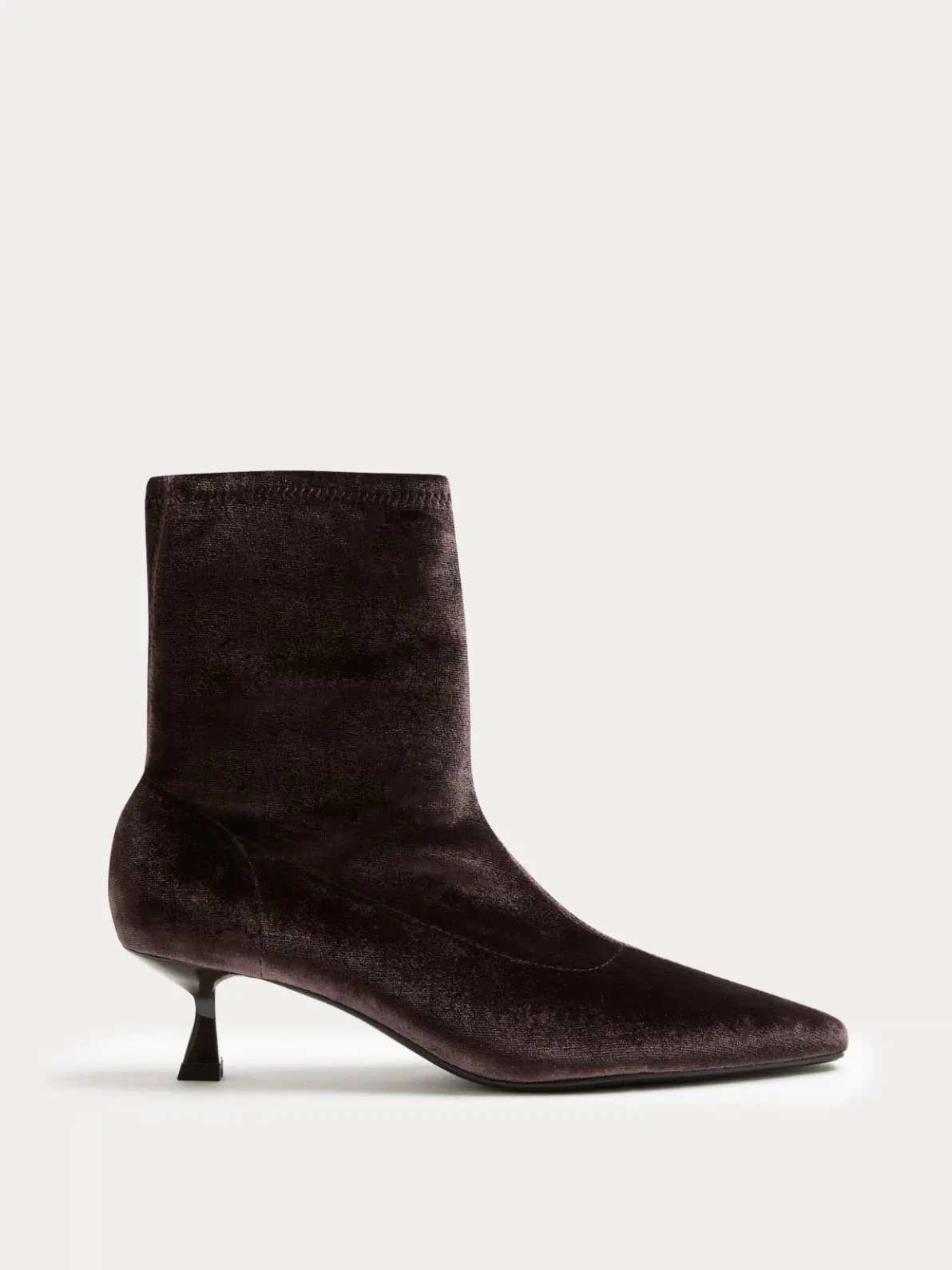 Velvet brown kitten heel pointed sock boot