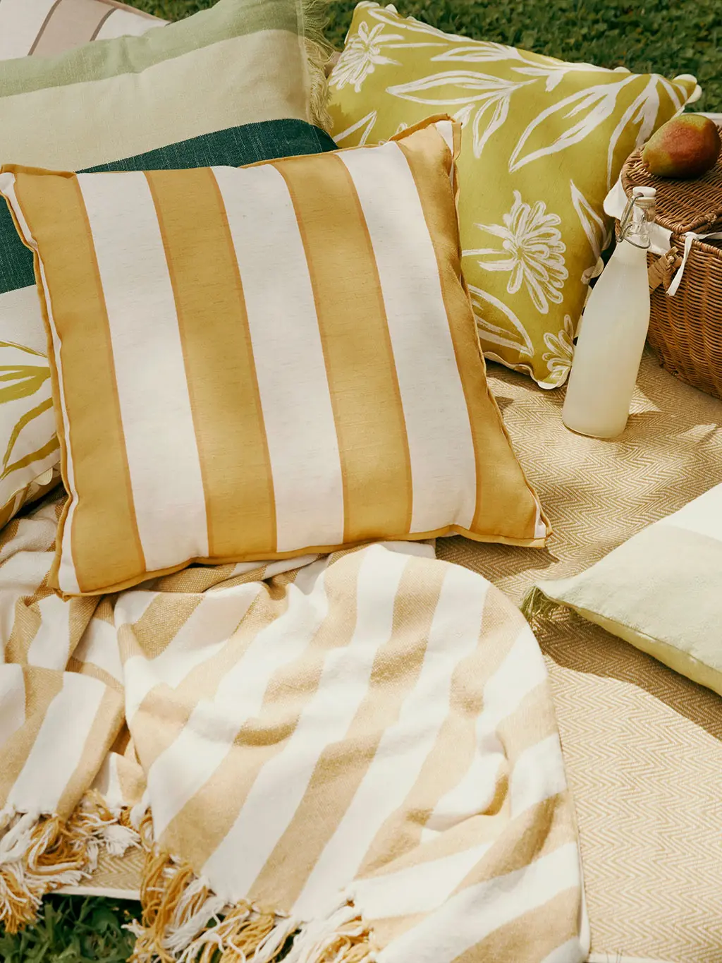 Picnic setup with blankets and cushions