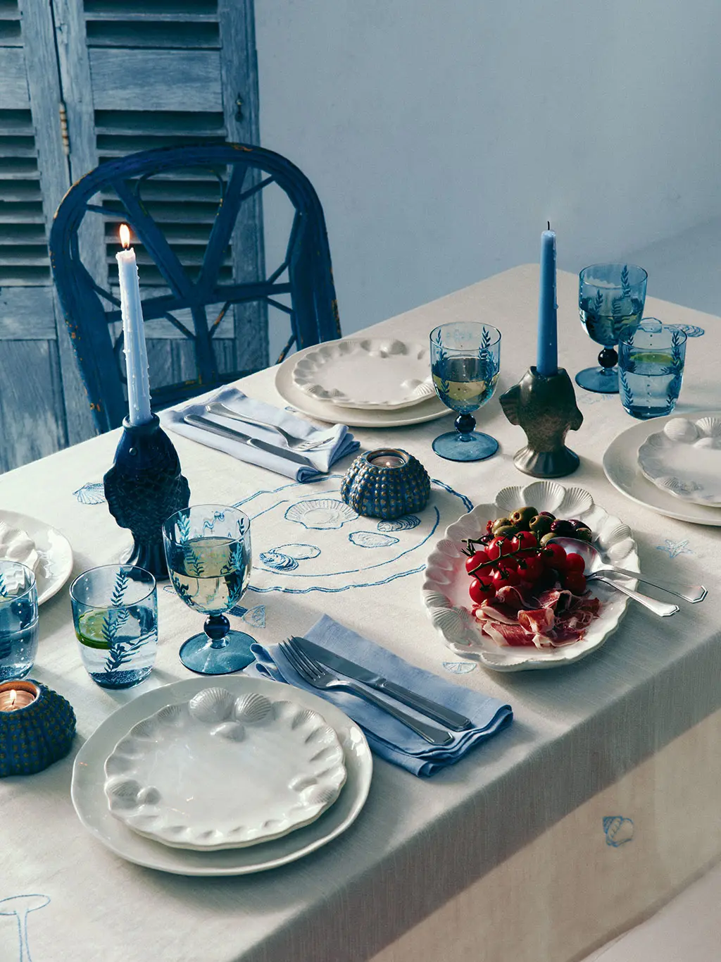 Coastal-themed dining setup