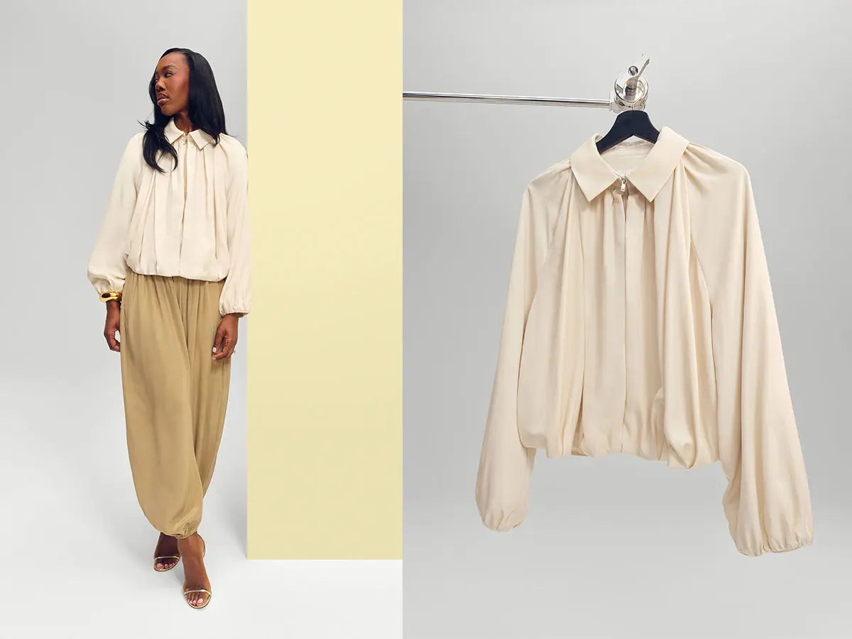 Collage of woman wearing neutral outfit and a cream jacket 