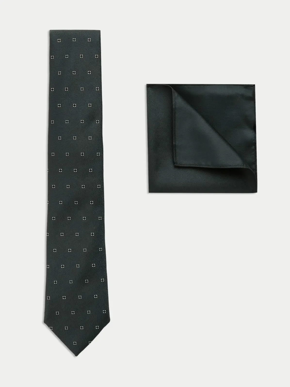 Dark green patterned tie and matching pocket square