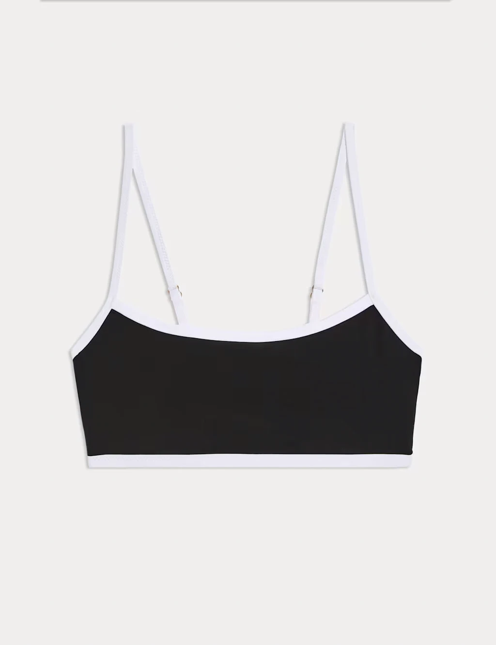 Black scoop-neck bikini top with white piping