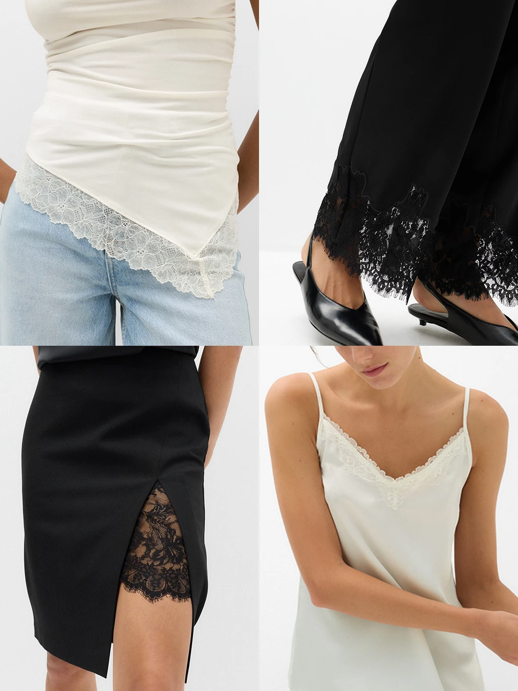 Collage of close-up lace detailing on women'c clothing.