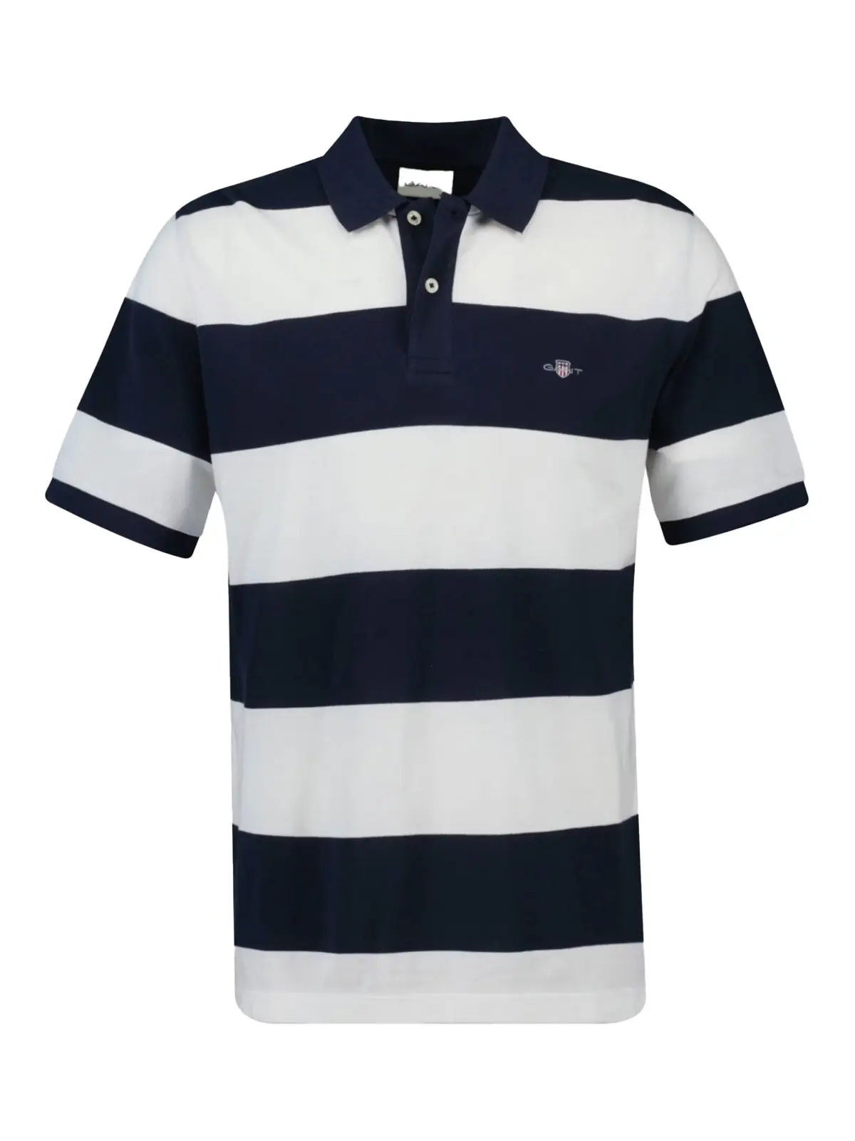 Navy and white striped polo shirt