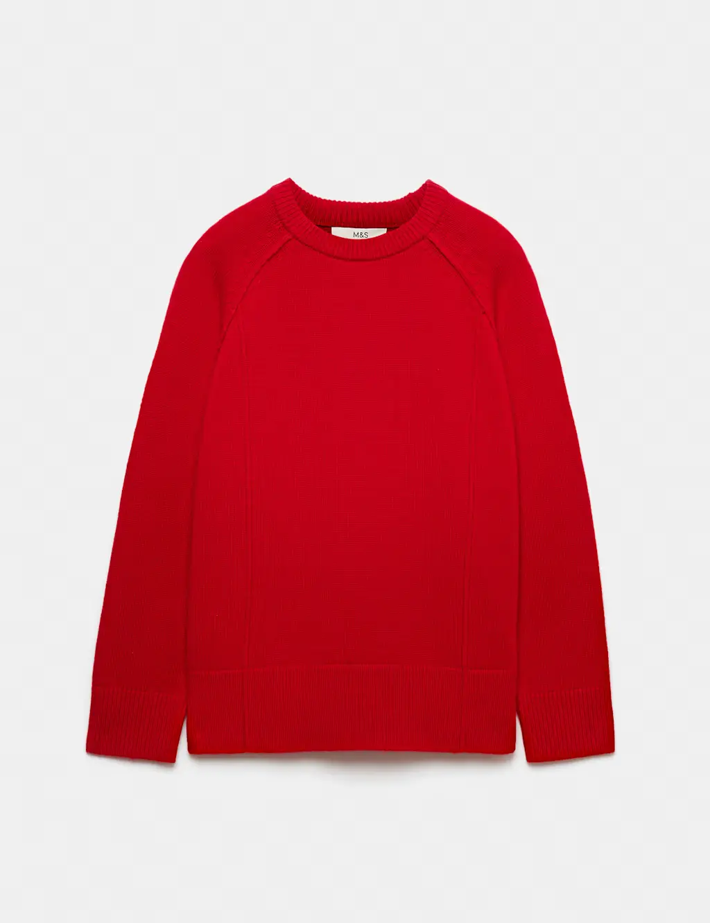 Red lambswool jumper with long sleeves and crew neck.