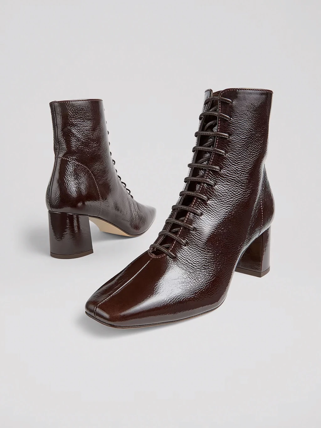Brown patent lace-up ankle boots