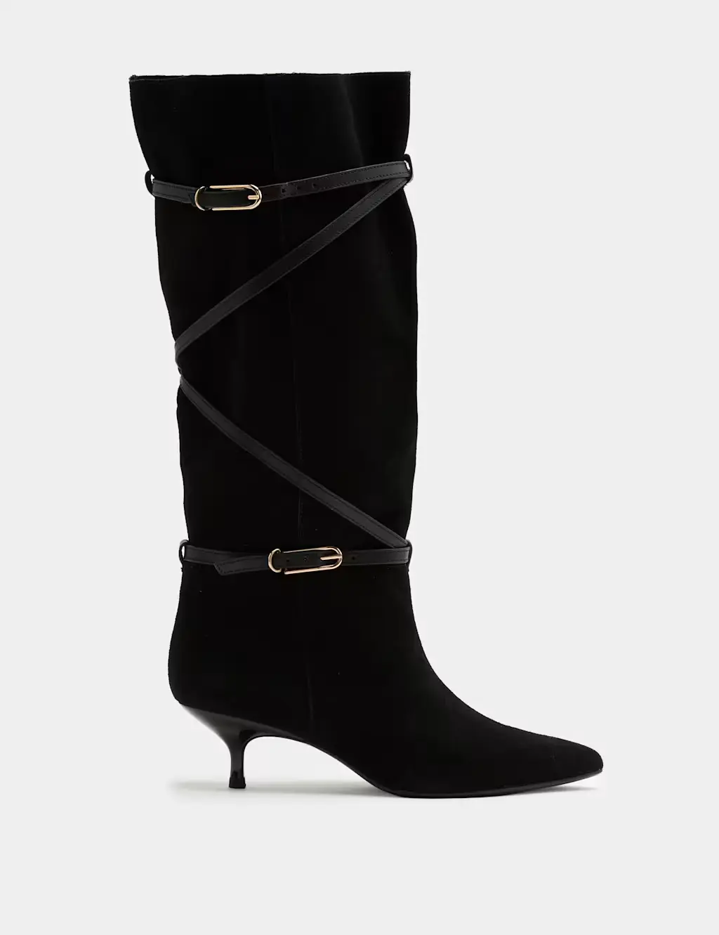 Suede Buckle Wrap Knee High Boots