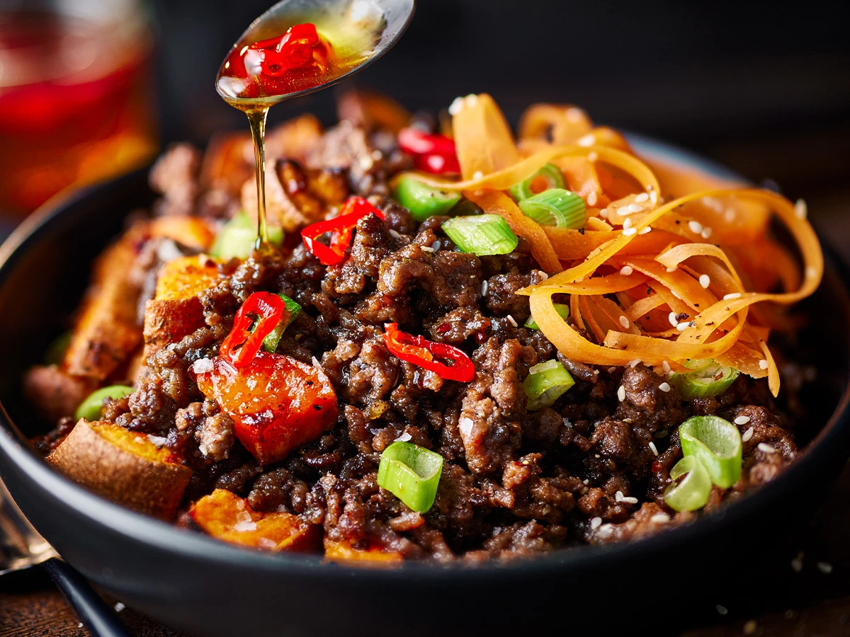 Sweet potato and hot honey beef mince bowl