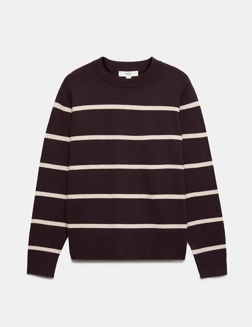 Burgundy jumper with white pinstripes and crew neck.