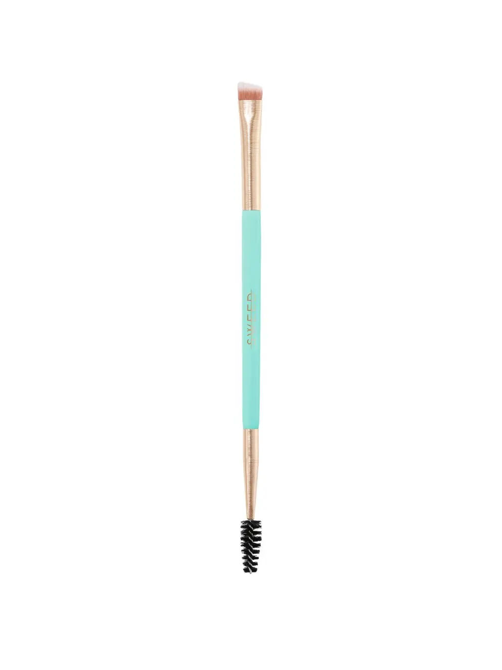 A cutout of a turquoise angled brush with a spoolie