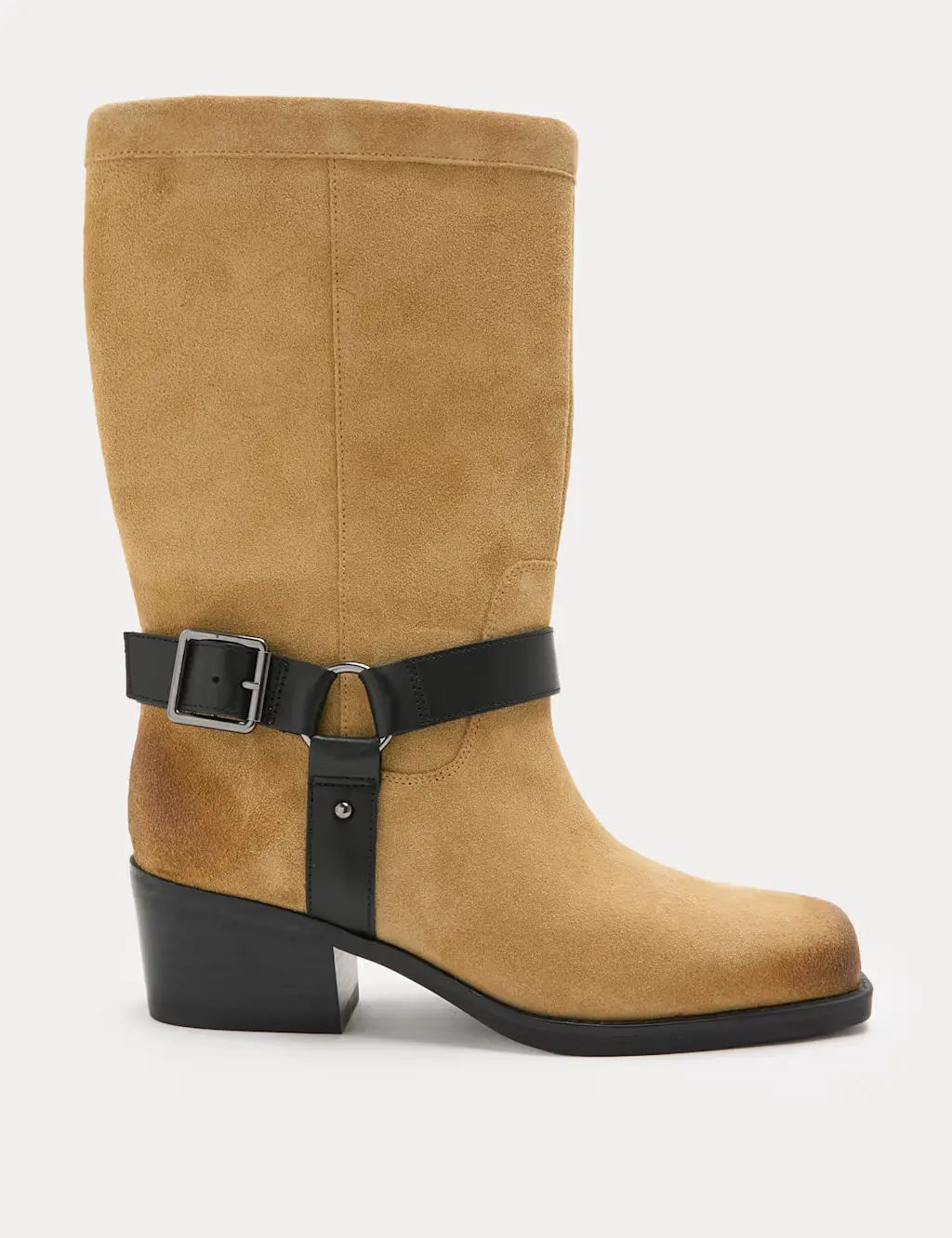 Suede Mid Calf Buckle Block Heel Boots