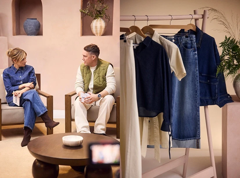 Side-by-side image. Left image: man and woman sitting. Right image: clothing rail