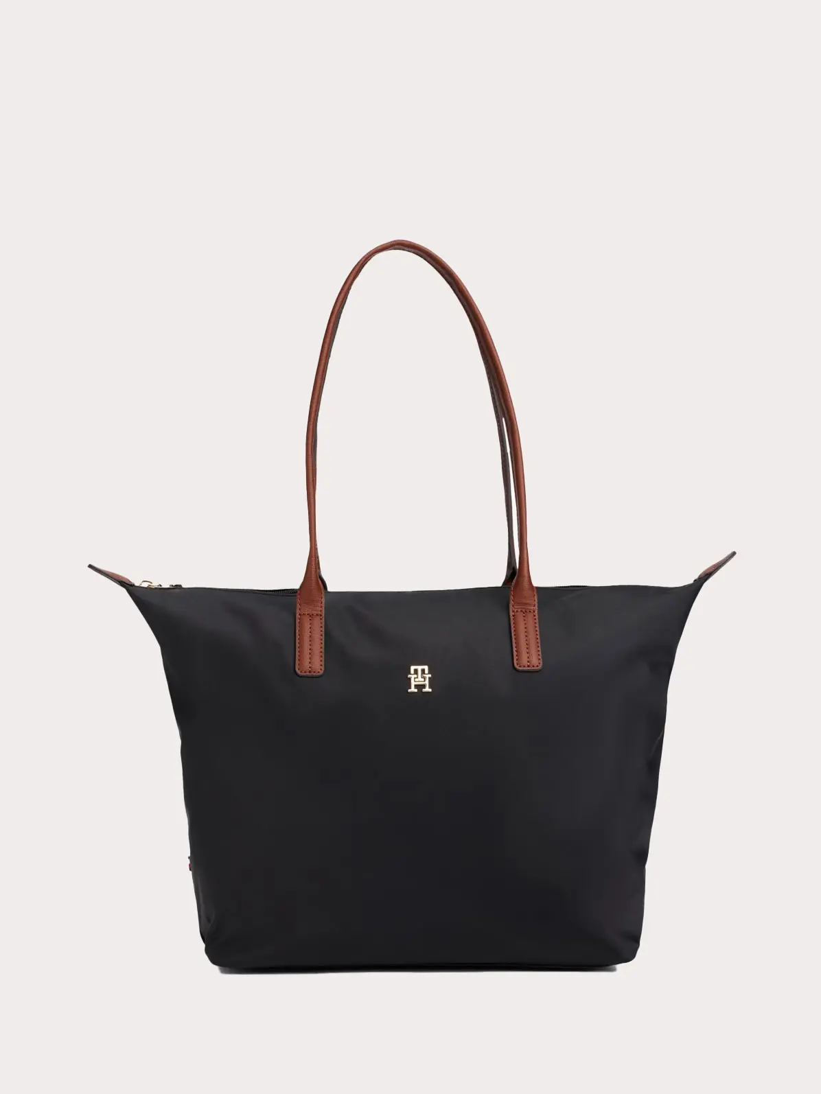 Black nylon tote bag with contrast brown handle 