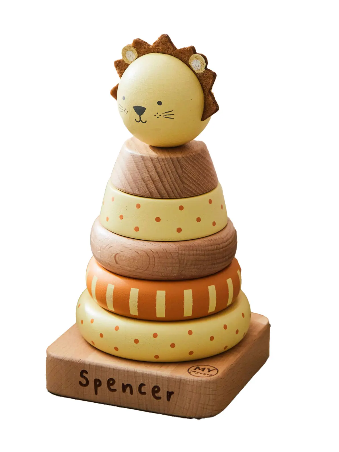 Wooden lion stacker with name Spencer imprinted on base