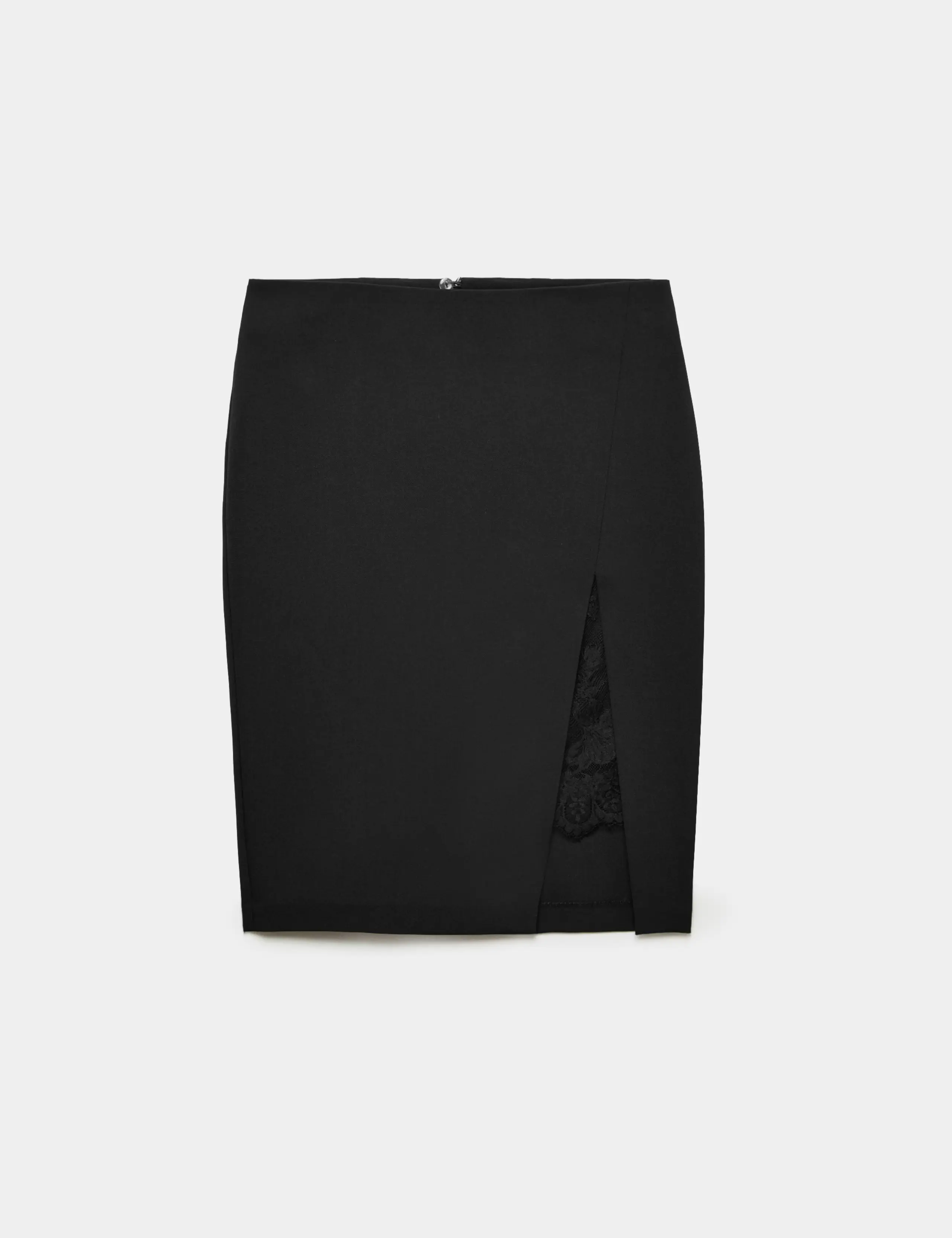 Black lace pencil skirt with a slit at the side.