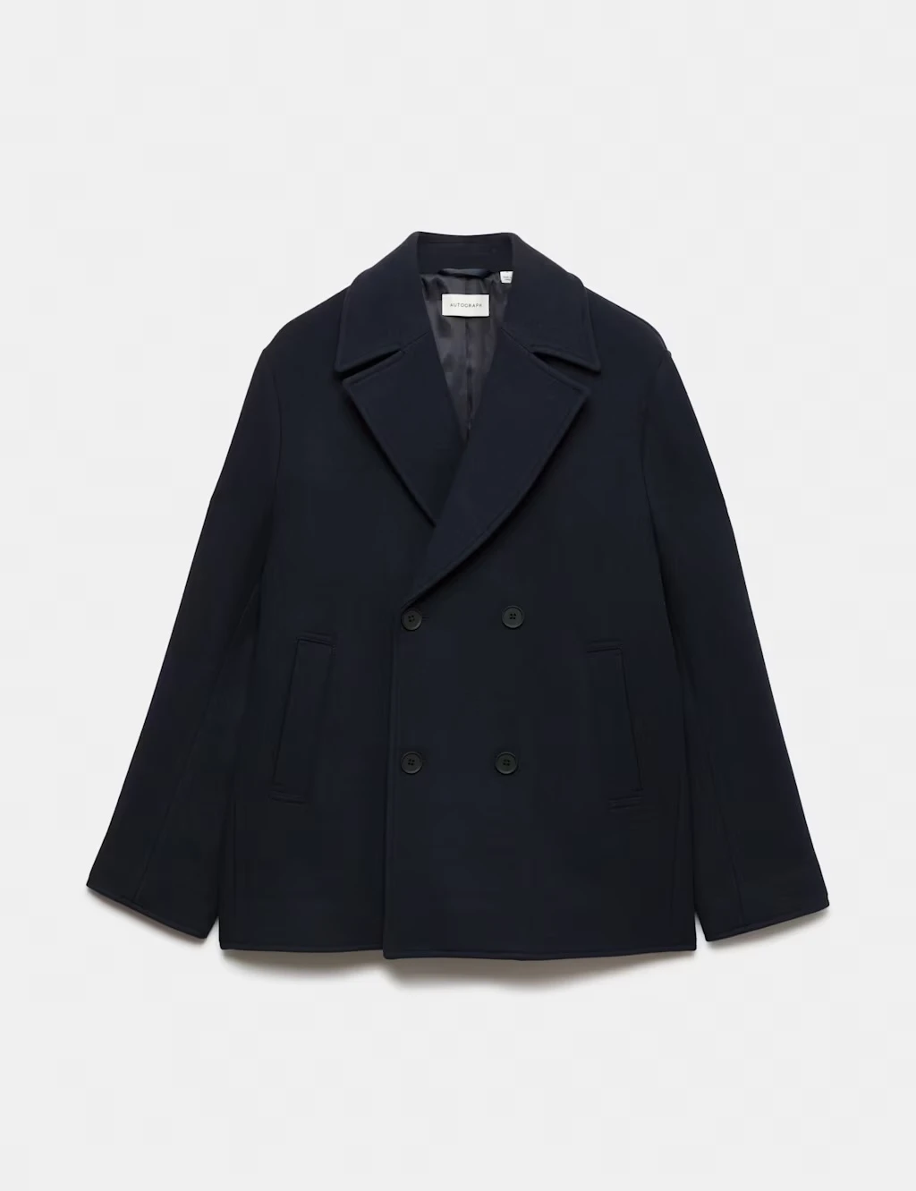 Navy men's pea coat with a collared neckline.