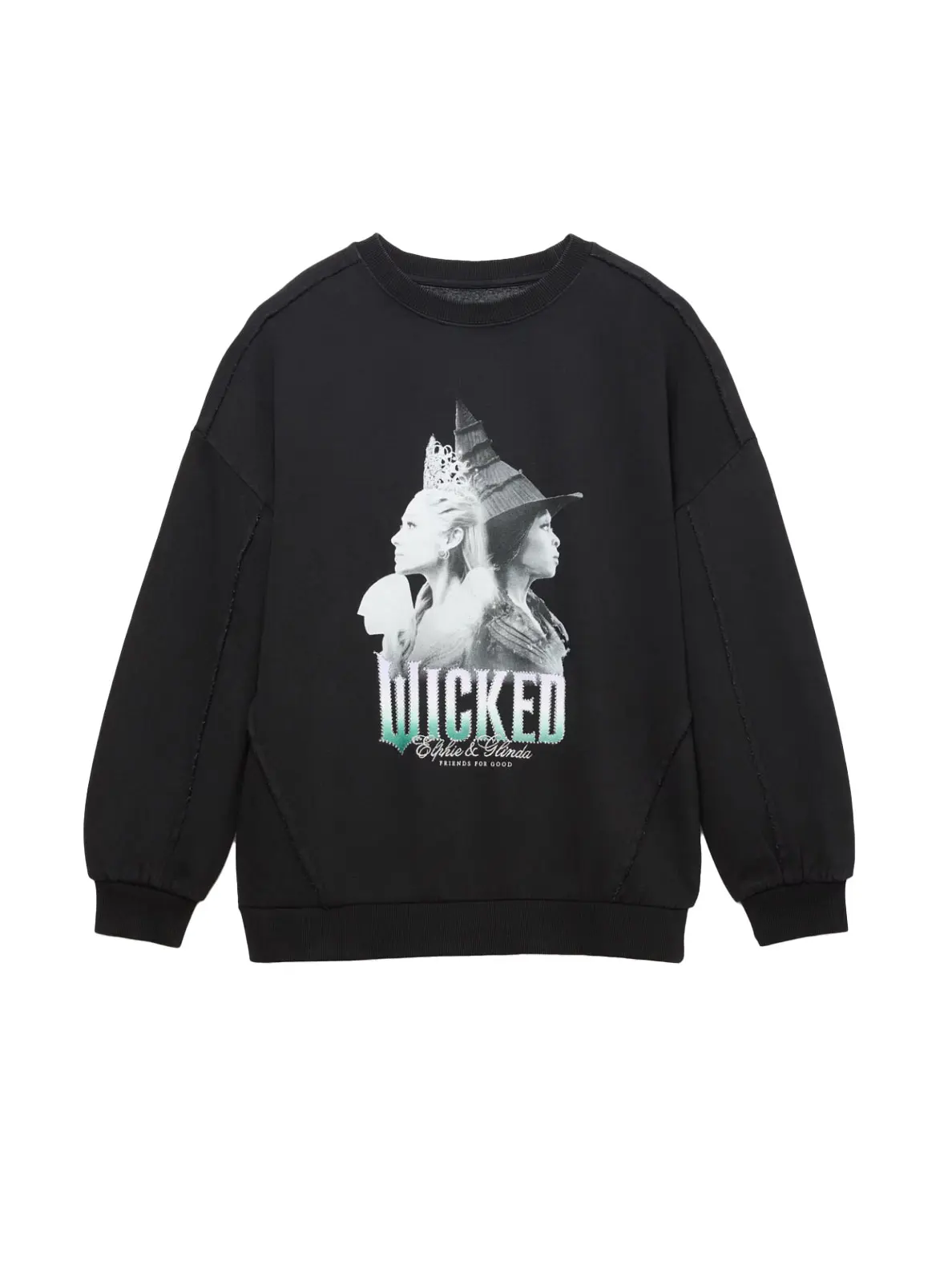 Black long-sleeve sweatshirt with Wicked graphic branding