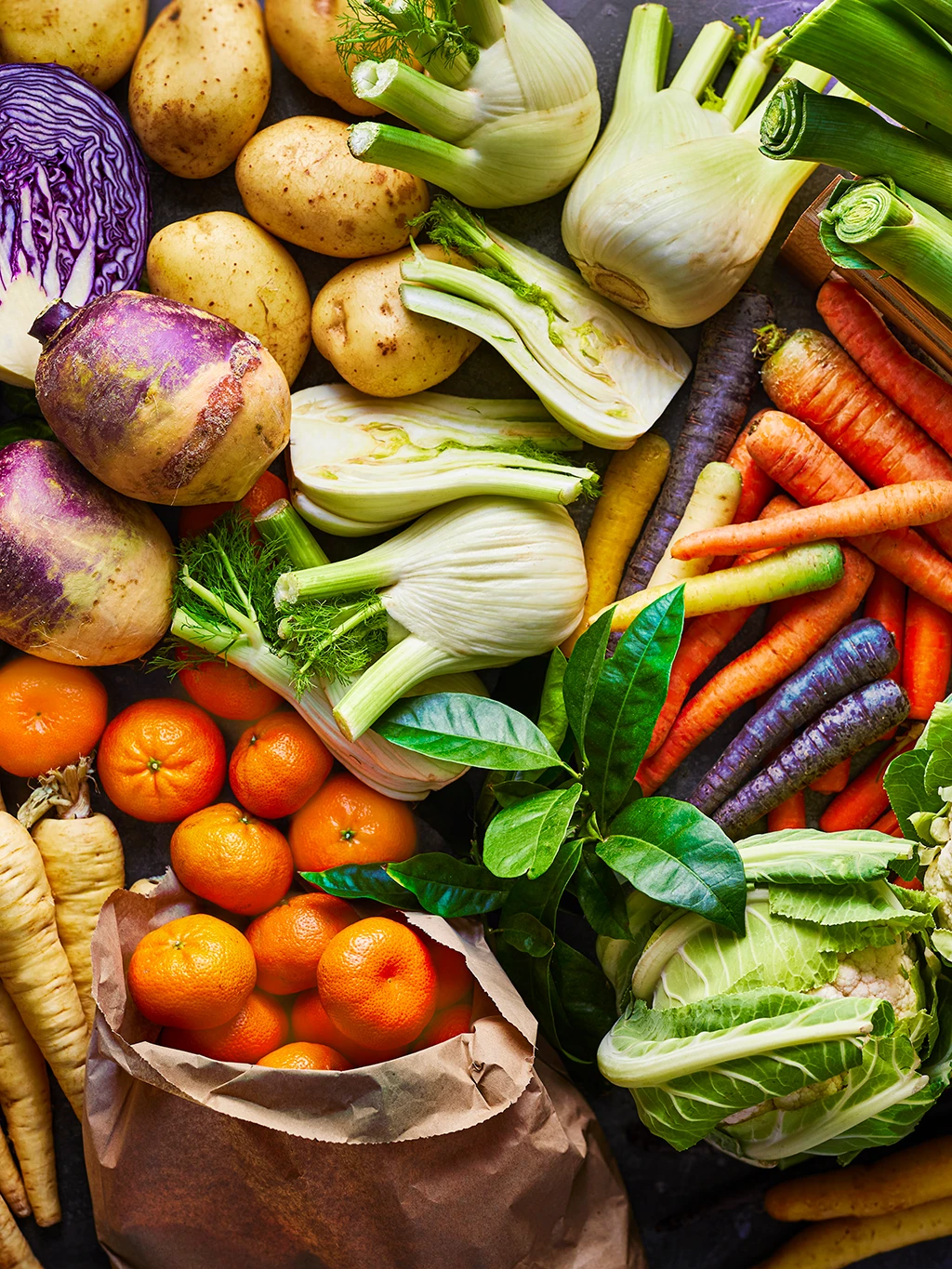 Assorted winter fruit and vegetables for a healthy diet