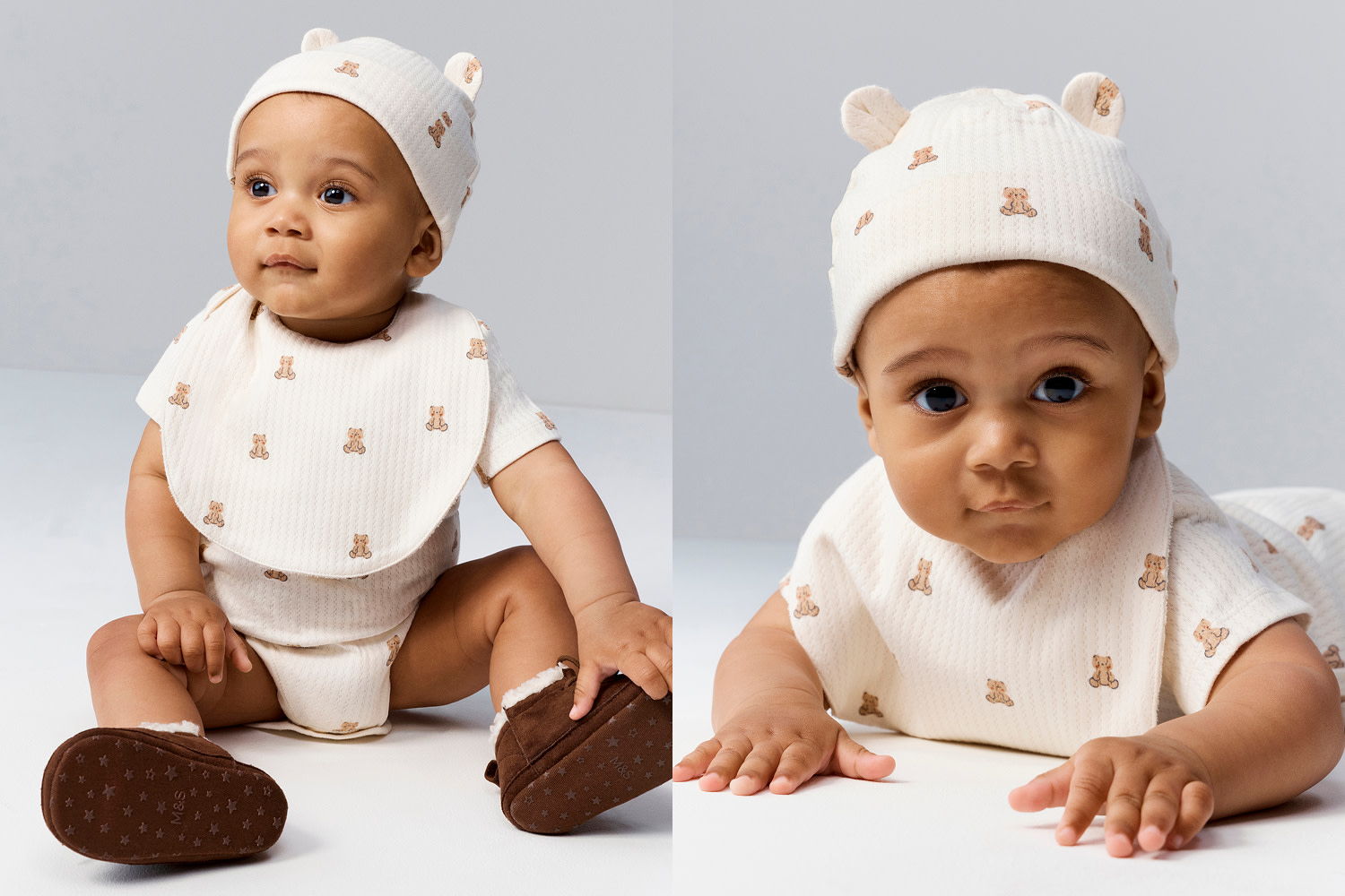 Two images of a baby boy in white outfit