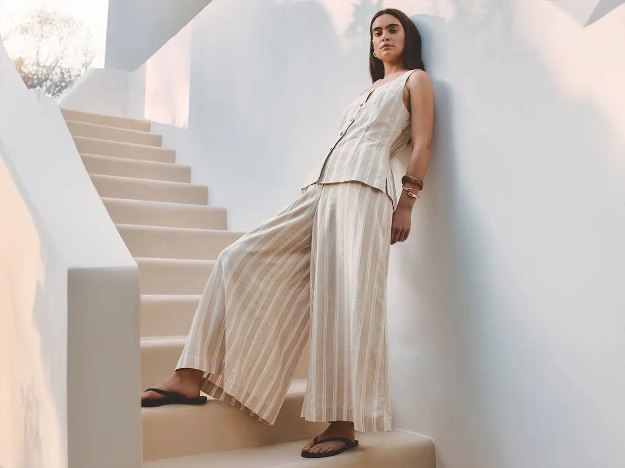 Woman wearing linen-rich culottes