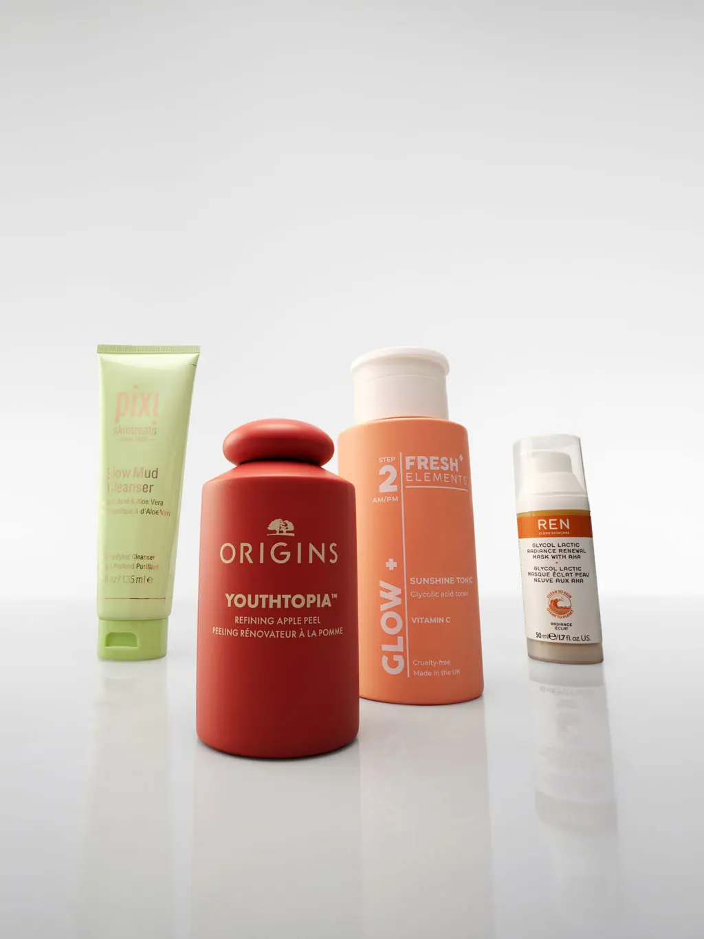 Assorted beauty products containing skincare acids