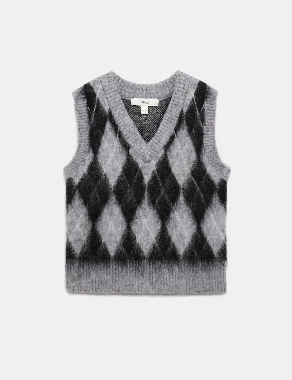 Grey knitted argyle vest and a V-neckline and brushed texture.