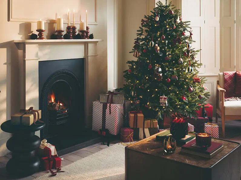 Living room with Christmas tree and decorations