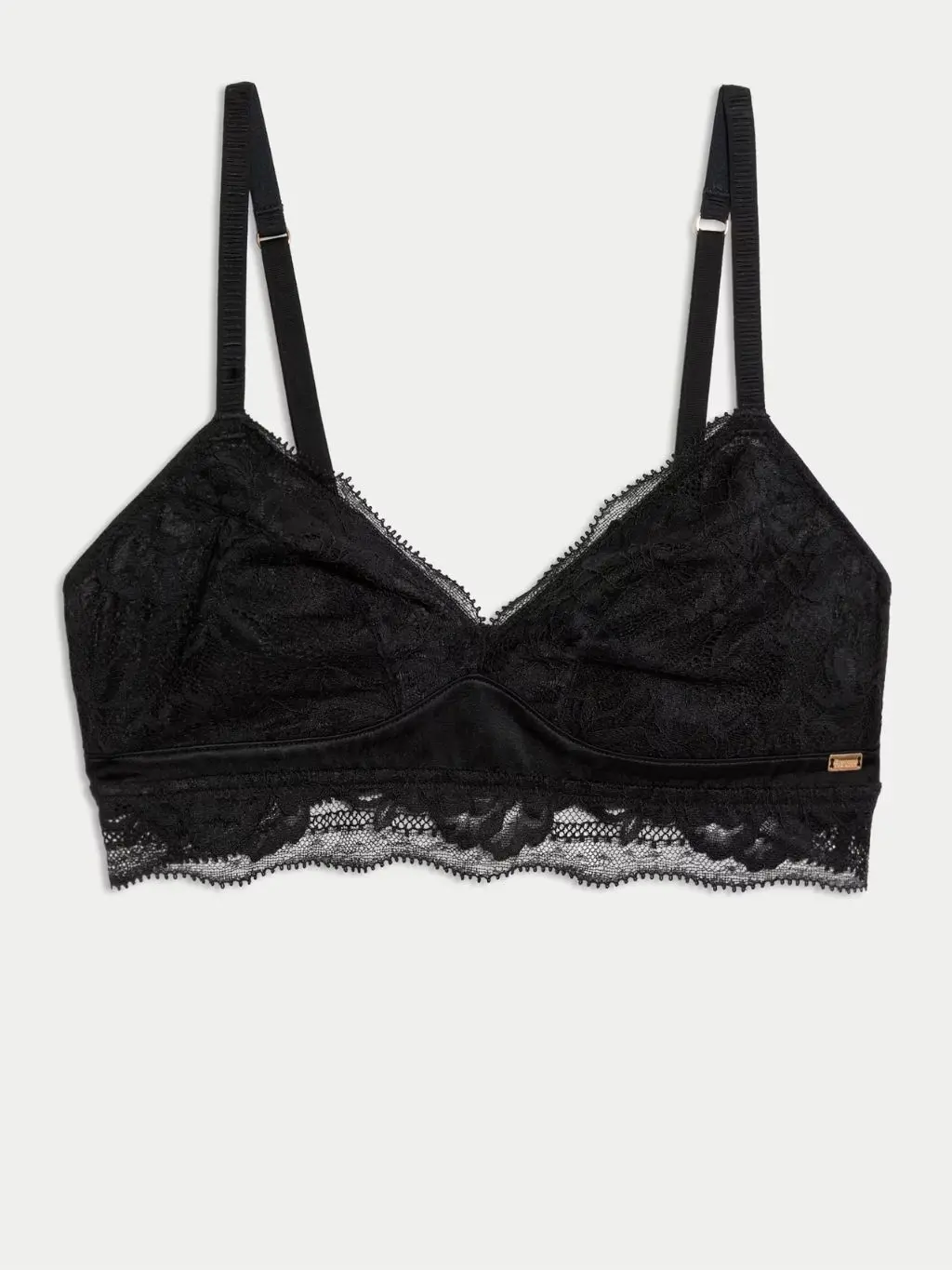 A cutout of a black silk and lace Rosie bralette