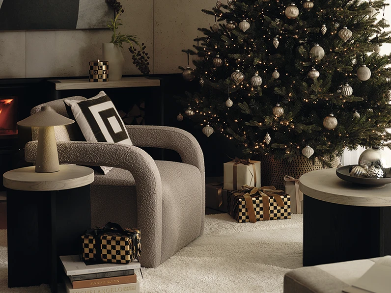 Festive lounge scene decorated with M&S x Kelly Hoppen homeware