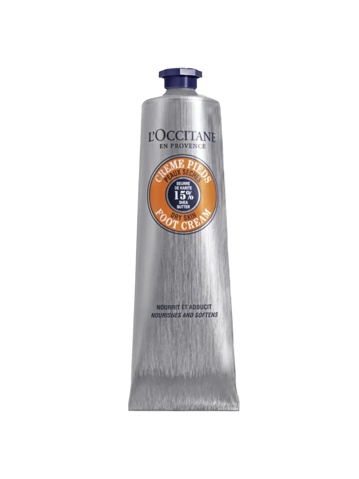 Silver tube with writing and branding with navy blue cap