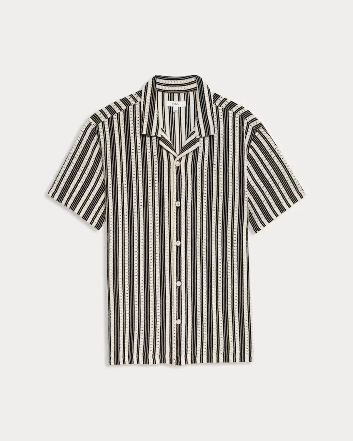 Black and white striped shirt with a Cuban collar