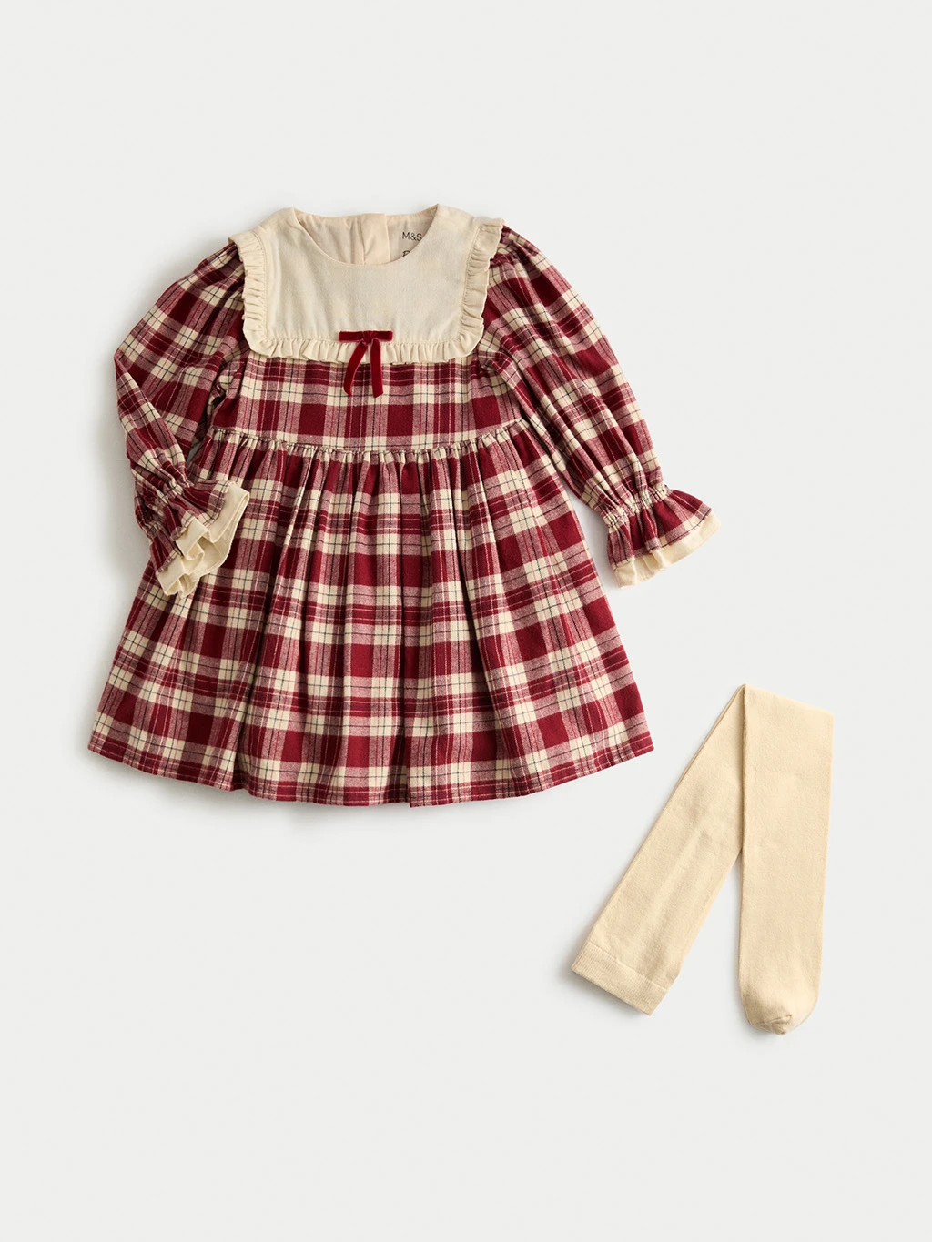 M&S X Binky red plaid dress with cream tights