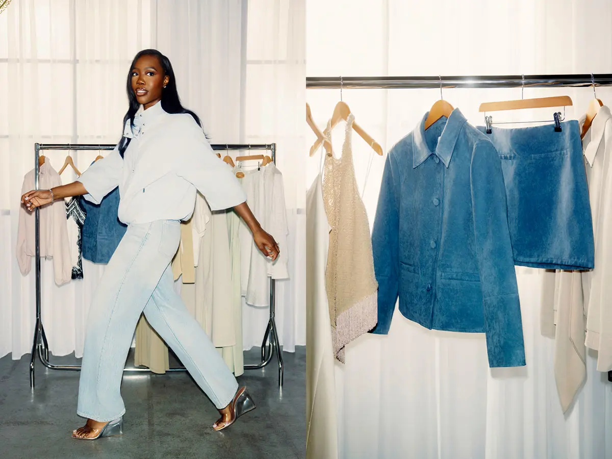 Collage of woman in blue jeans, a pastel blue jacket and heels, and clothing hung on a rail